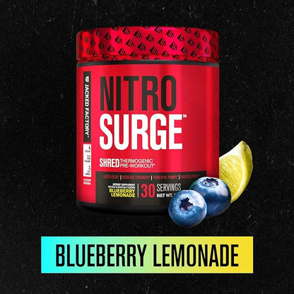 Jacked Factory NITROSURGE Shred Pre Workout Supplement - Energy Booster, Instant Strength Gains, Sharp Focus, Powerful Pumps - Nitric Oxide Booster & PreWorkout Powder - 30Sv, Blueberry Lemonade