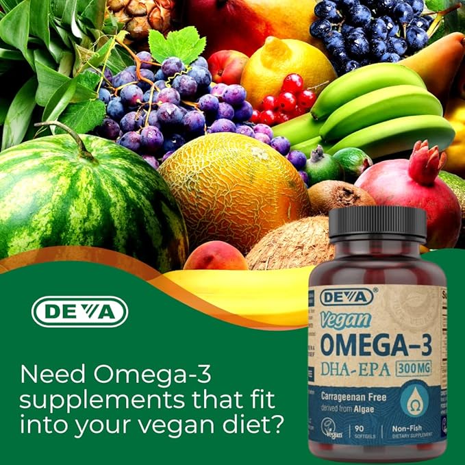 DEVA Vegan Omega-3 DHA EPA Supplement Once-Per-Day Softgel 300 MG - Carrageenan Gelatin & Gluten Free - Non-Fish Algae Oil Fatty Acids - 90 Softgels