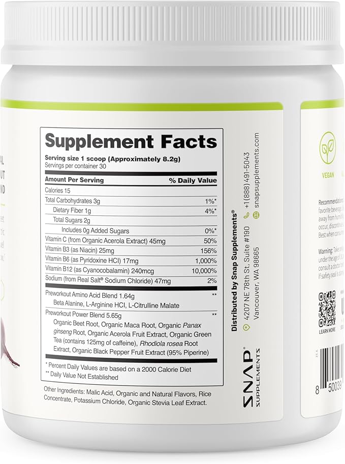 Snap Supplements Preworkout Beet Root Powder, Nitric Oxide Pre Workout with Organic Beets, 250g (30 Servings)