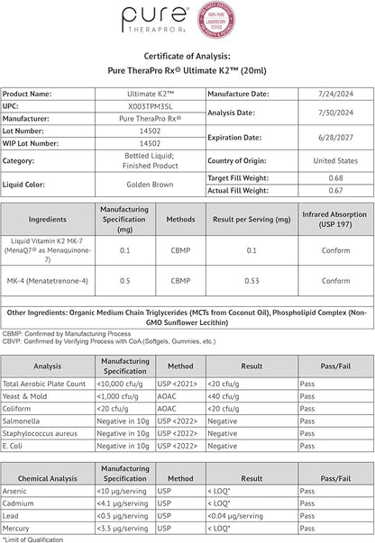 Pure Therapro Rx Ultimate K2 Supplement | Liquid Liposomal Vitamin K2 Drops | 180 Serving | 600mcg Vegan K2 as MK4 & MenaQ7 MK7 | Supports Bone Health, Heart Health, Skin & Hair | 20 mL