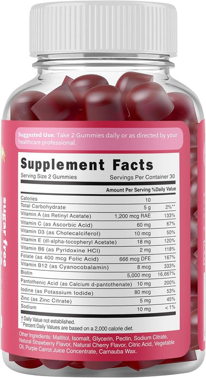 HSN Gummies - Hair Skin and Nails Gummies - Sugar Free Biotin Gummies 5000mcg with Full Vitamin Complex for Hair Growth, Healthy Skin, Nail Strength - 60 Ct Strawberry & Cherry Flavor