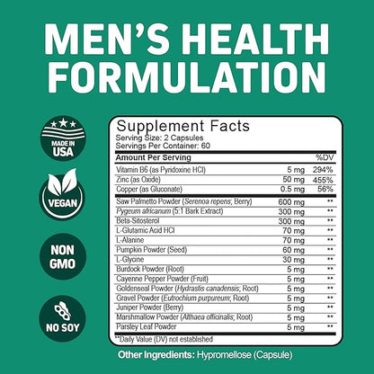 Herbtonics Prostate Support Supplement for Men's Health - Saw Palmetto & Beta Sitosterol Formula with Pumpkin Seed Oil - Promotes Prostate Health & Less Urination - DHT Blocker for Hair - 120 Capsules