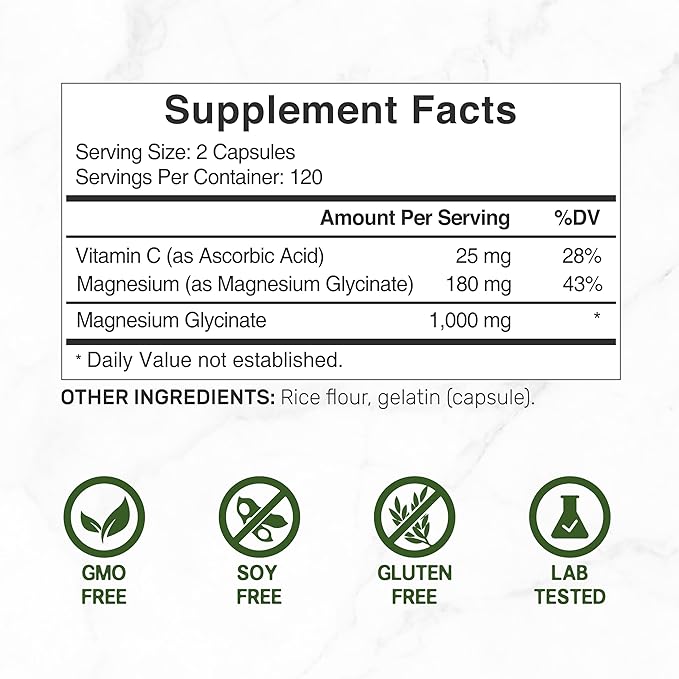 DEAL SUPPLEMENT Magnesium Glycinate 500mg Per Capsule (1000mg Per Serving) Plus Vitamin C, 240 Capsules – 100% Chelated for Easy Absorption – Essential Mineral Supplement