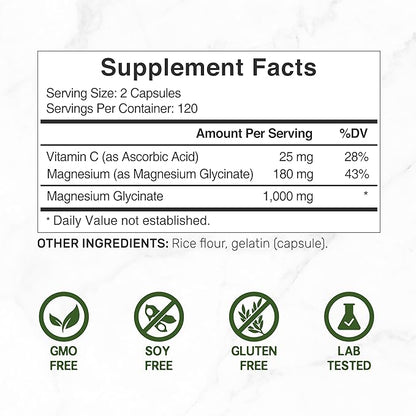 DEAL SUPPLEMENT Magnesium Glycinate 500mg Per Capsule (1000mg Per Serving) Plus Vitamin C, 240 Capsules – 100% Chelated for Easy Absorption – Essential Mineral Supplement