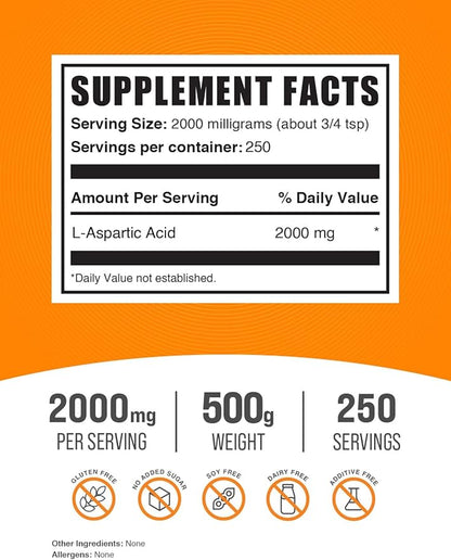BulkSupplements.com L-Aspartic Acid Powder - Aspartic Acid Supplement, Amino Acids Supplement for Energy Support - Gluten Free, 2000mg per Serving, 500g (1.1 lbs) (Pack of 1)