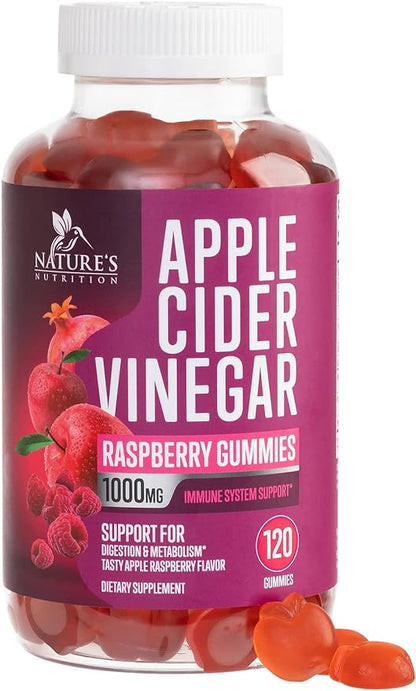Vegan Apple Cider Vinegar Gummies 1000mg for Detox & Cleanse, ACV Gummy Vitamin B12 for Digestion Metabolism & Immune Health Support, Natural Apple Raspberry Flavor, Gluten Free - 120 Gummies