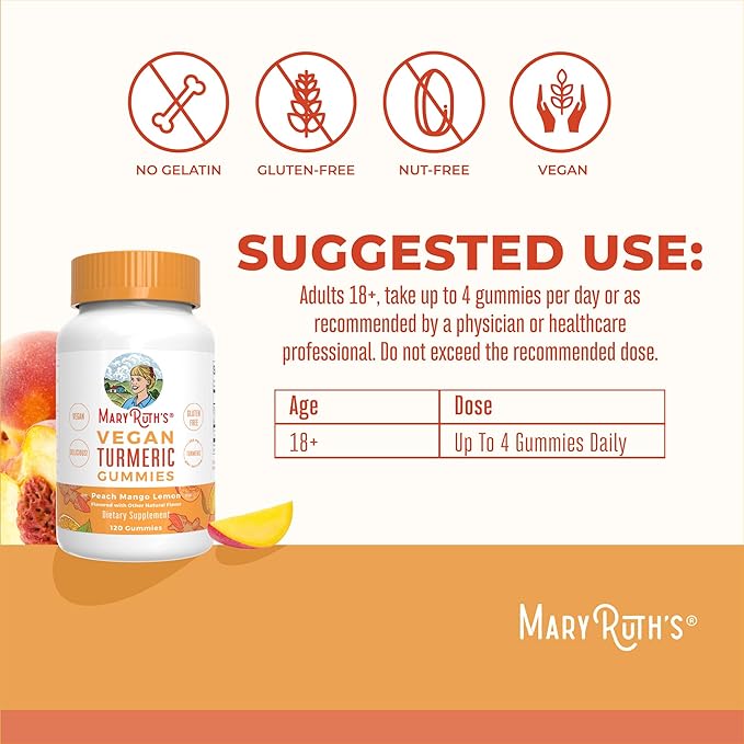MaryRuth Organics Turmeric Gummies | Organic Turmeric Curcumin Extract | Chewable Turmeric Supplement | Vegan | Non-GMO | Gluten Free | Peach | Mango & Lemon Flavor | 250 mg per Serving | 120 Count