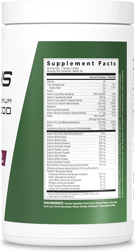 JYM Greens Super Food Powder for Performance, Blueberry Acai, Spirulina, Mushrooms, Vitamins, BroccoPhane & Broccoli, Men & Women, 30 Servings