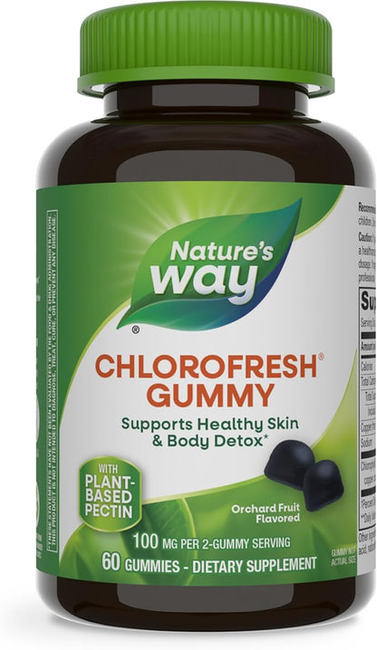 Nature’s Way Chlorofresh Chlorophyll Gummies, Supports Healthy Skin and Body Detox*, Internal Deodorant*, Orchard Fruit Flavored, 60 Gummies (Packaging May Vary)