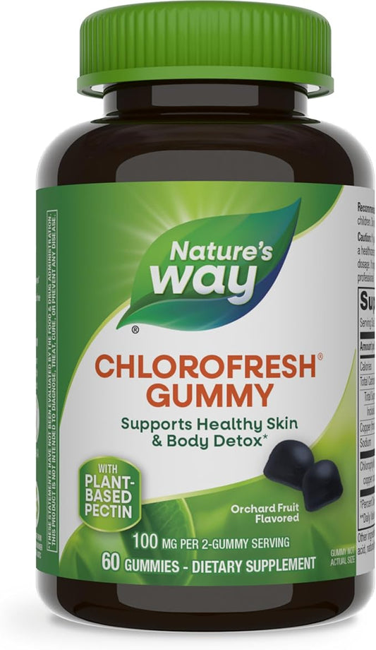 Nature’s Way Chlorofresh Chlorophyll Gummies, Supports Healthy Skin and Body Detox*, Internal Deodorant*, Orchard Fruit Flavored, 60 Gummies (Packaging May Vary)