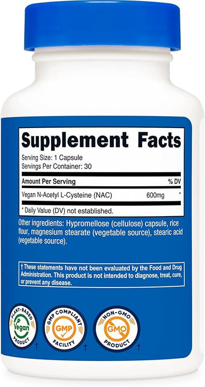Nutricost N-Acetyl L-Cysteine (NAC) 600mg, 30 Vegan Capsules - GMO Free, Gluten Free, Vegetarian Caps