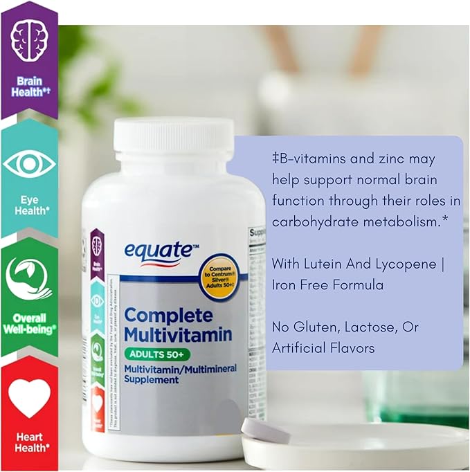 Equate Adult 50+ One Daily Complete Multivitamin Multimineral Supplement Tablets, Healthy Brain* - Compare to Centrum Silver, 125 Pills (Pack of 1)
