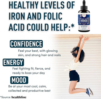 Liquid Iron Supplement for Women 2-Pack - Folic Acid, Vitamin C, Vegan Liquid Iron Supplements for Anemia, Menstruation, Pregnancy Support - Iron Liquid Drops Orange Flavor - 2x2oz