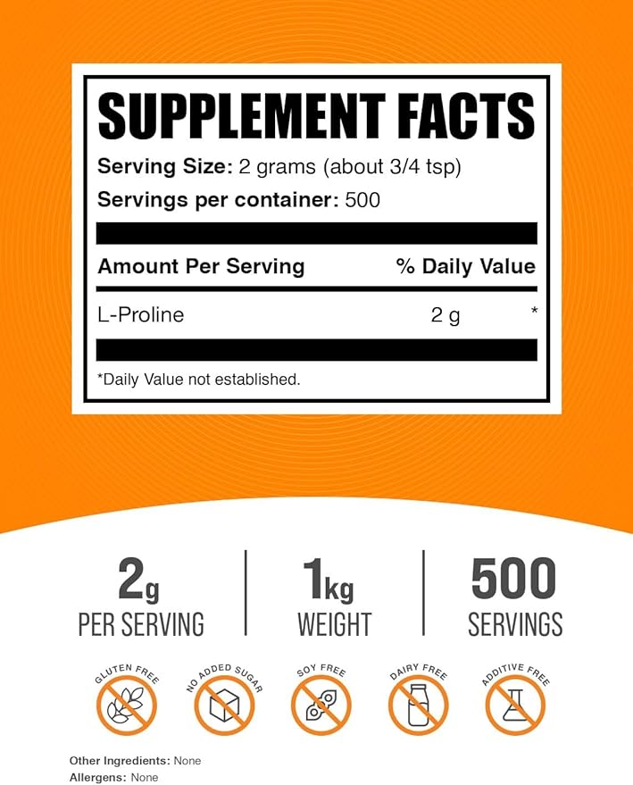 BulkSupplements.com L-Proline Powder - Amino Acid Supplement, Proline Supplements - Unflavored & Gluten Free, 2000mg per Serving, 500 Servings, 1kg (2.2 lbs) (Pack of 1)