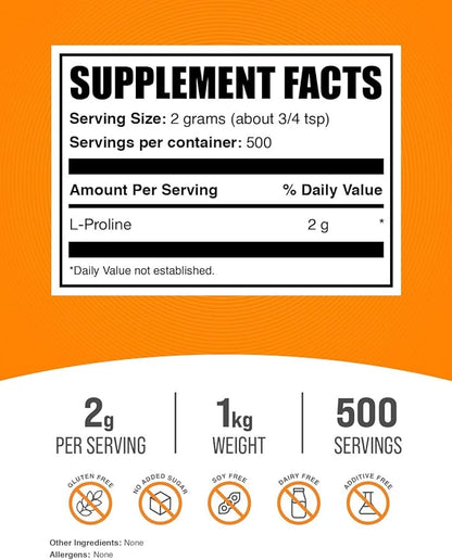 BulkSupplements.com L-Proline Powder - Amino Acid Supplement, Proline Supplements - Unflavored & Gluten Free, 2000mg per Serving, 500 Servings, 1kg (2.2 lbs) (Pack of 1)