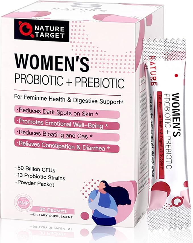 NATURE TARGET Probiotics for Women Probiotic Powder Supplement - Prebiotics and Probiotics for Digestive Health and Immune Support，30 Individual Stick Bags