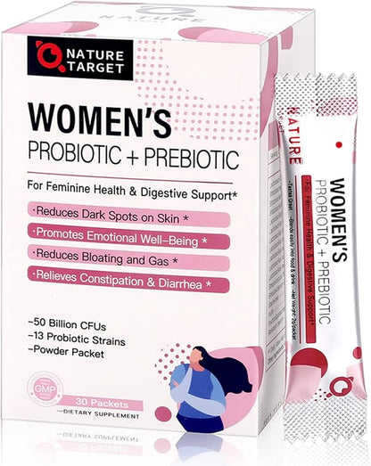 NATURE TARGET Probiotics for Women Probiotic Powder Supplement - Prebiotics and Probiotics for Digestive Health and Immune Support，30 Individual Stick Bags