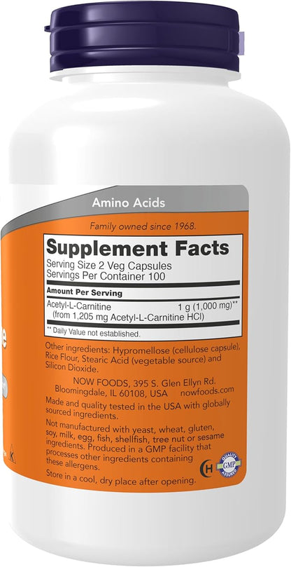 NOW Foods Supplements, Acetyl-L Carnitine 500 mg, Amino Acid, Brain And Nerve Cell Function*, 200 Veg Capsules