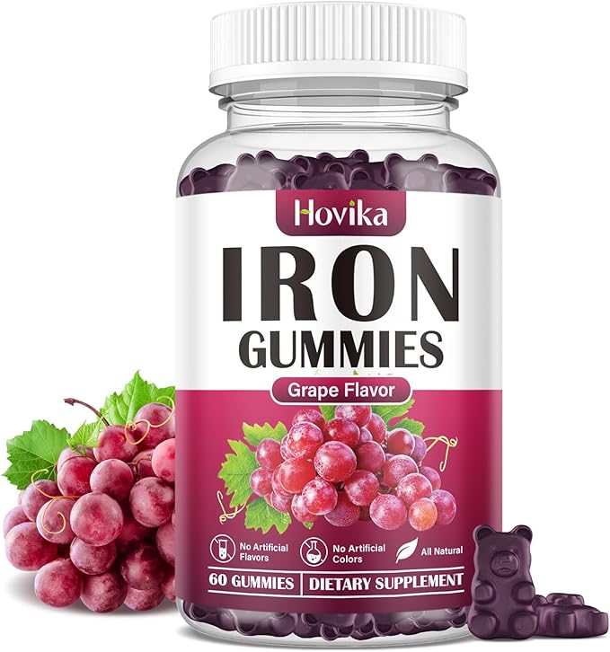Iron Gummies Supplement for Women & Men, Iron Supplements for Anemia with Vitamin C, B12, Folate-Blood Builder & Energy Support for Iron Deficiency-Grape Flavor, Vegan, 60 Gummies