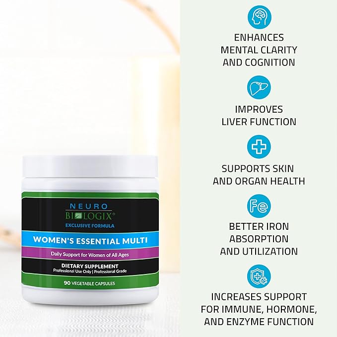 Neuro biologix Women's Essential Multi, Daily Multivitamin for Women with Iron, Superior Bioavailability for Methylation Support, Hormonal Balance - Organic, Methylated Formula, 90 Capsules