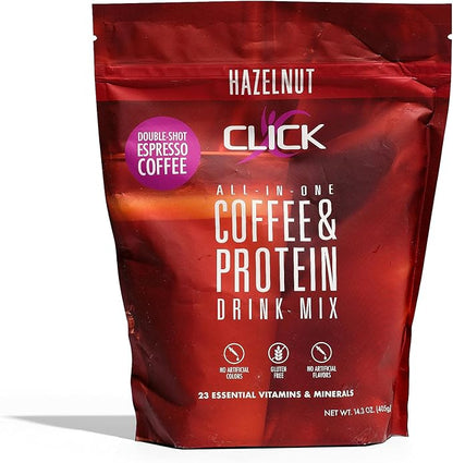 Click Coffee Protein Powder | Double Shot Espresso | 16g Protein | 23 Essential Vitamins | Low Calorie Meal Replacement | 150mg Caffeine | Gluten Free | No Artificial Flavors or Colors | Hazelnut