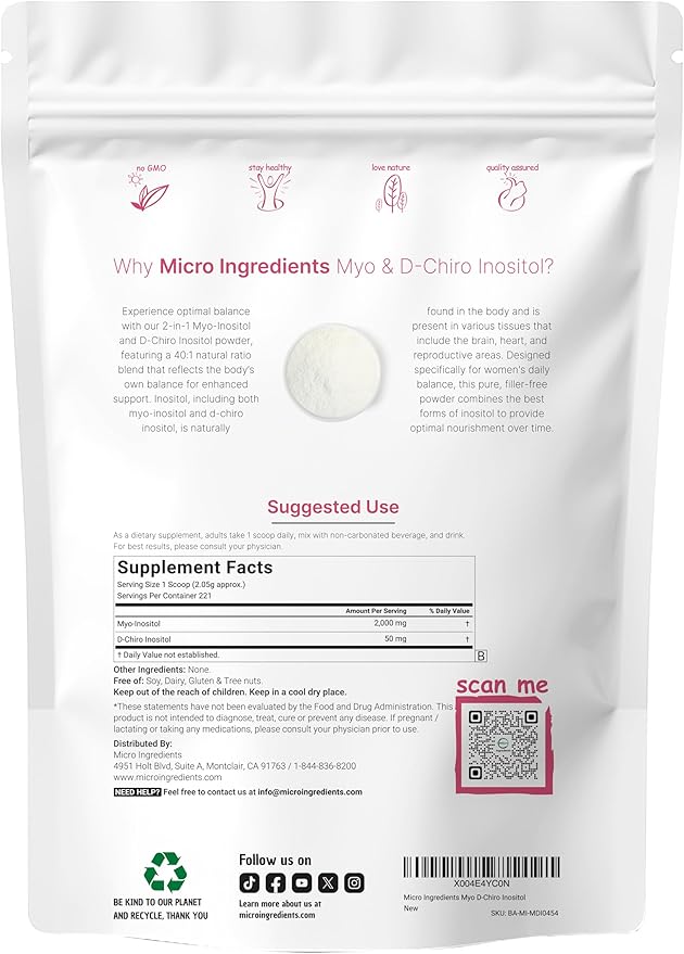 Micro Ingredients Myo-Inositol & D-Chiro Inositol Powder, 1lb | Hormonal Balance & Ovarian Health Support | 40:1 Ideal Ratio Inositol Supplement for Women | Non-GMO, Vegan, Filler-Free (221 Servings)