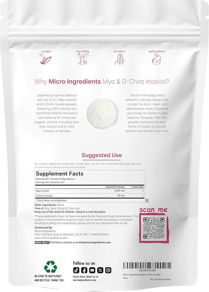 Micro Ingredients Myo-Inositol & D-Chiro Inositol Powder, 1lb | Hormonal Balance & Ovarian Health Support | 40:1 Ideal Ratio Inositol Supplement for Women | Non-GMO, Vegan, Filler-Free (221 Servings)