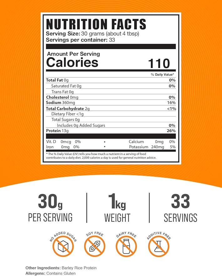 BulkSupplements.com Barley Rice Protein Powder - Vegan Protein Powder, Unflavored Protein Powder - Dairy Free Protein Source, 30g per Serving, 1kg (2.2 lbs) (Pack of 1)