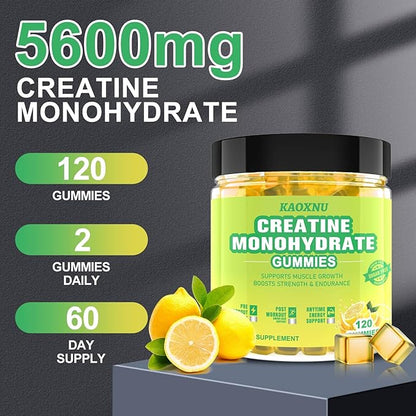 Creatine Monohydrate Gummies 5600mg for Men & Women, 120 CT Chewable Creatine Gummies for Muscle Support, Energy Boost, 5.6g of Creatine Monohydrate per Serving - Sugar Free, Vegan (Lemon Flavor)