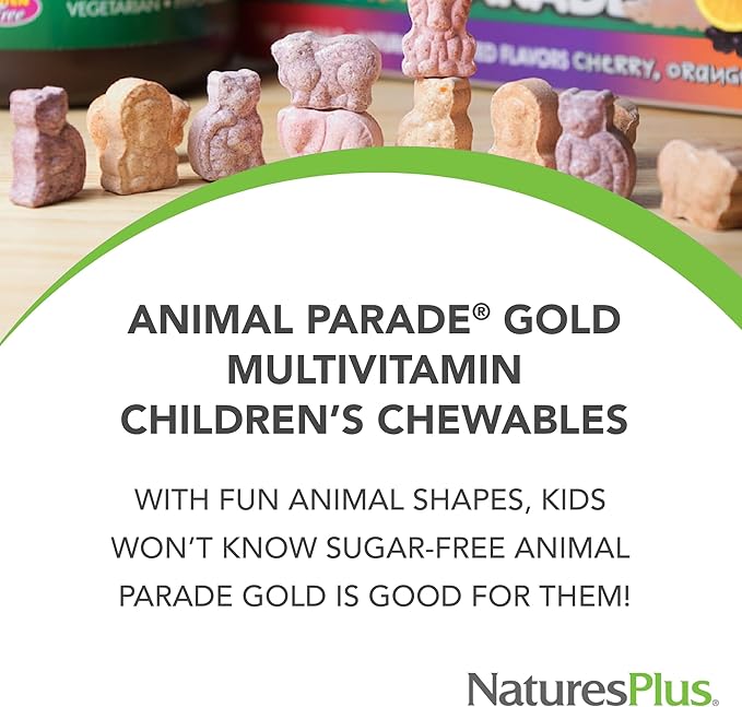 Natures Plus Animal Parade Gold Children's Chewable Multivitamin - Natural Cherry Flavor - 120 Animal Shaped-Tablets, Pack of 2 - with Vitamin D3, K2 & Probiotics - 120 Total Servings