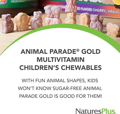 Natures Plus Animal Parade Gold Children's Chewable Multivitamin - Natural Cherry Flavor - 120 Animal Shaped-Tablets, Pack of 2 - with Vitamin D3, K2 & Probiotics - 120 Total Servings