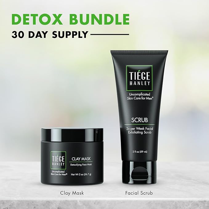 Tiege Hanley Mens Detoxifying Facial Clay Mask & Exfoliating Face Scrub Set, Detox Bundle - Deep Pore Cleansing Facial & Body Mask - Facial Scrub Exfoliator for Men that Reduces Appearance of Pores