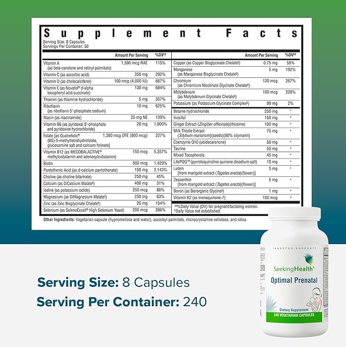 Seeking Health Optimal Prenatal, Women’s Vitamin with B12, Methylfolate, Choline, Methylation Support, Nutrients to Support Fertility, Pregnancy & Breastfeeding, 240 Vegetarian Capsules
