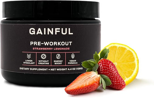Gainful Pre Workout Powder Caffeinated with L Theanine, L Citrulline, Beta Alanine, BCAA's, Energy & Muscle Support, 14 Servings, Strawberry Lemonade