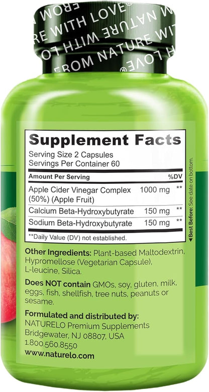 NATURELO Apple Cider Vinegar Capsules - Natural ACV with Mother Supplement for Men & Women for Detox, Cleanse and Weight Management - 120 Vegan Capsules