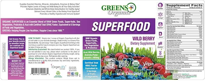 Greens+ Organic Wild Berry Superfood Powder, Antioxidant Polyphenol, Blend for Morning Kick, Energy, Vitality Boost, Nutrition, Vibrant Health, Dietary Supplement, Vegan Soy/Dairy/Gluten Free(8.46oz)