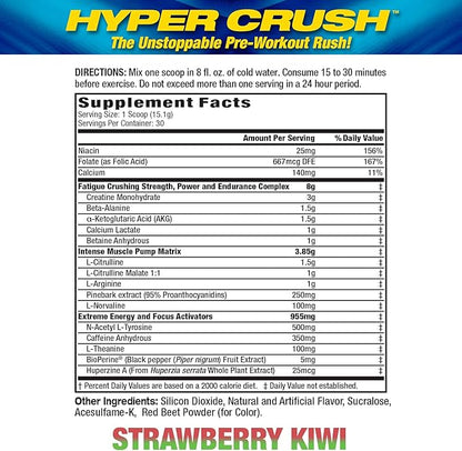 Maximum Human Performance Hyper Crush Pre Workout Powder, Increases Energy, Muscle Pumps, Power, Fights Fatigue, creatine, beta Alanine, Nitric Oxide, citrulline, AKG, Strawberry Kiwi, 30 Servings