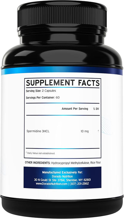 Spermidine Supplement (10mg of 99% Spermidine 3HCL - Third Party Tested) 120 Capsules - Over 100x More Potent Than Wheat Germ Extract for Cell Membrane - Gluten Free & Non-GMO - Made in USA