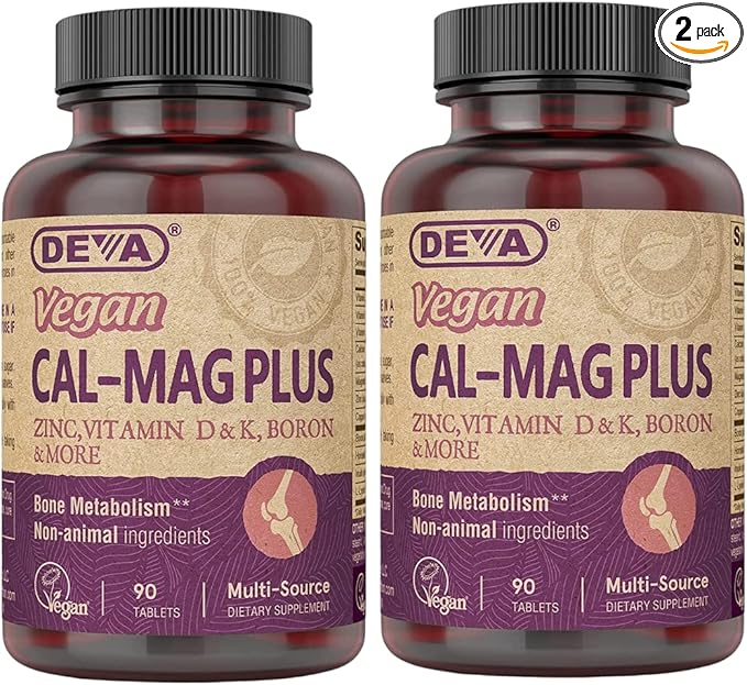 DEVA Vegan Calcium Magnesium Supplement Plus, Zinc, Vitamin C, Vitamin D, Vitamin K, Boron, Sugar Free & Gluten Free, 90-Tablets, 2-Pack