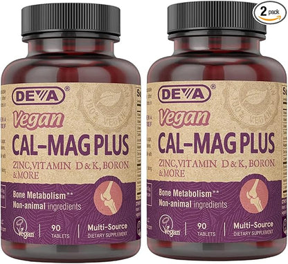 DEVA Vegan Calcium Magnesium Supplement Plus, Zinc, Vitamin C, Vitamin D, Vitamin K, Boron, Sugar Free & Gluten Free, 90-Tablets, 2-Pack