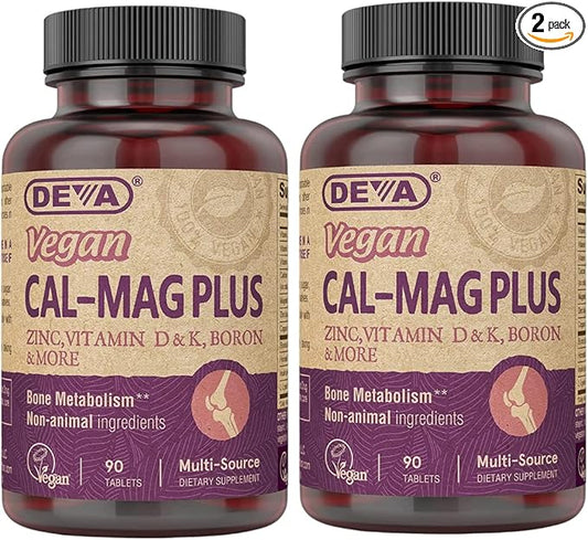 DEVA Vegan Calcium Magnesium Supplement Plus, Zinc, Vitamin C, Vitamin D, Vitamin K, Boron, Sugar Free & Gluten Free, 90-Tablets, 2-Pack