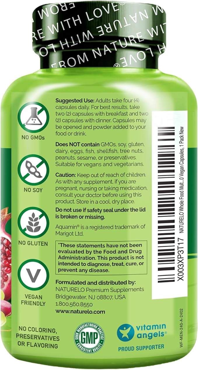 NATURELO Mens Multivitamins - Whole Food Multivitamin for Men with Vitamins, Minerals - 240 Vegetarian Capsules for Energy, Brain, Heart, Eye Health*