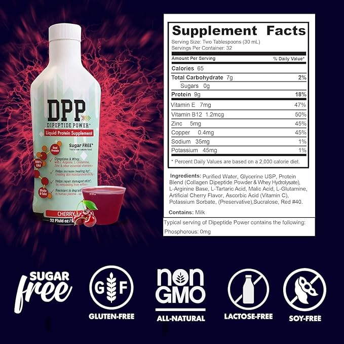 Nutritional Designs DPP Dipeptide, Wound-Healing Liquid Collagen & Whey Protein Supplement, Sugar-Free, Promotes Healthy Skin & Hair for Men & Women (Cherry, Bottle, 32 Fl Oz)