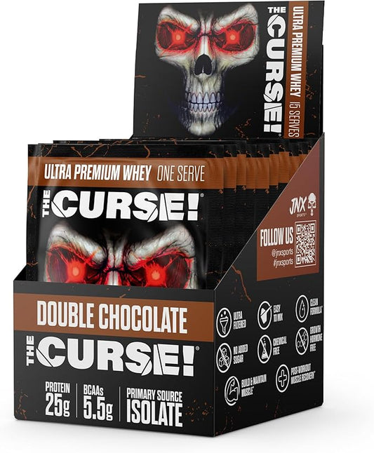 JNX SPORTS The Curse! Ultra Premium Whey Protein Powder Double Chocolate 15 Box Samples | 25g Protein Per Serve, Primary Source Whey Isolate