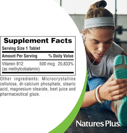 Natures Plus Vitamin B12 (Methylcobalamin) - 500 mcg, 90 Vegetarian Tablets -High Potency Red Blood Cell Support - Natural Energy Booster, Promotes Overall Health - Gluten-Free - 90 Servings