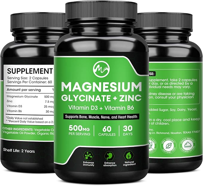 Magnesium Glycinate Capsules, Magnesium Glycinate Supplement with Magnesium Glycinate 500 mg, Zinc, Vitamin D3 & B6 - Promotes Nerve, Bowel, Relaxation Function - 60 Vegan Capsules