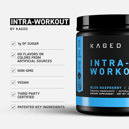 Kaged Intra Workout BCAA Powder | Blue Raspberry | In-KAGED | Intra Workout Carbs | Energy Drink for Weights & Cardio | Amino Acids to Boost Protein Synthesis | 20 Servings