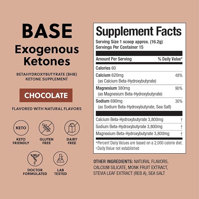 Perfect Keto Exogenous Ketones Powder, BHB Salts for Ketosis & Fasting Support, Electrolytes for Hydration, Caffeine Free Energy, Chocolate, 8.57 oz