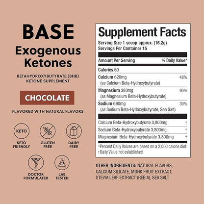 Perfect Keto Exogenous Ketones Powder, BHB Salts for Ketosis & Fasting Support, Electrolytes for Hydration, Caffeine Free Energy, Chocolate, 8.57 oz