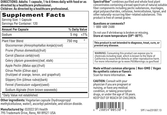 Klaire Labs Spectrafiber - Hypoallergenic 9 Soluble Fiber Blend with Apple Pectin & Glucomannan, No Psyllium & Gluten-Free (120 Capsules)